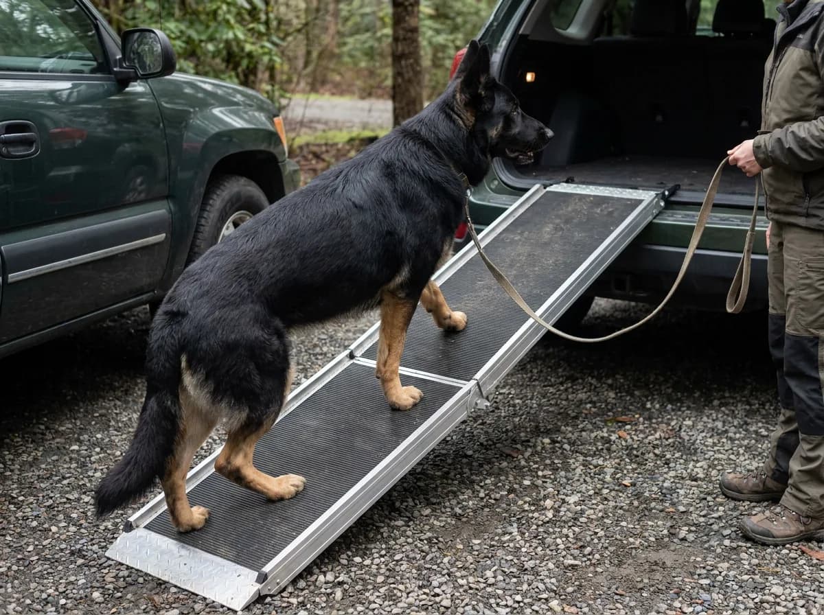 Handler guiding a shepherd up a vehicle ramp