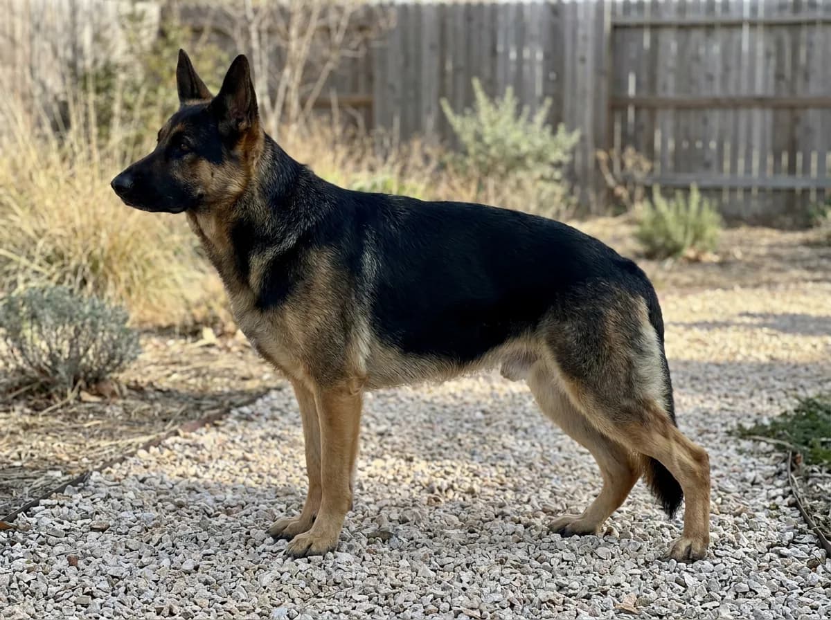 Black-and-tan German Shepherd standing beside a fence