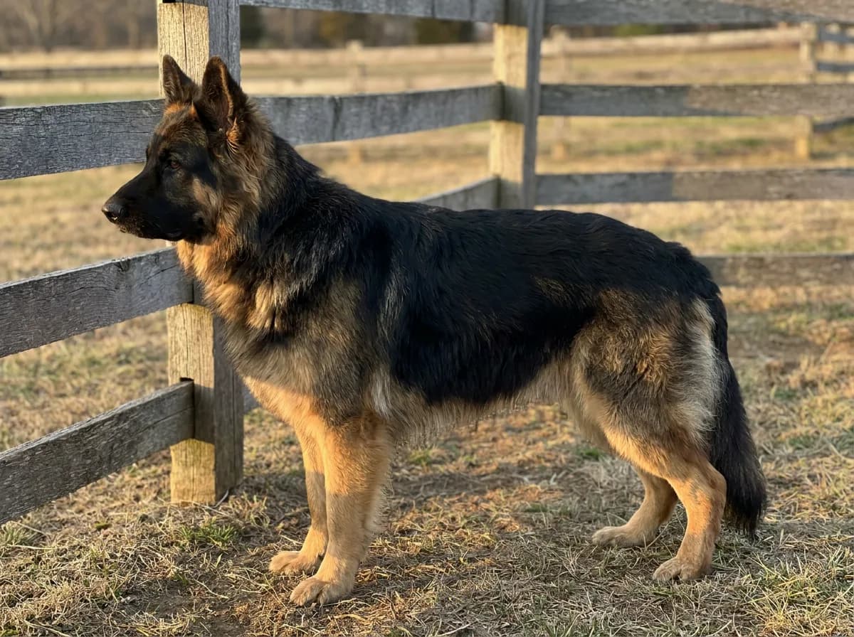 Long-coated black-and-tan shepherd standing in side profile