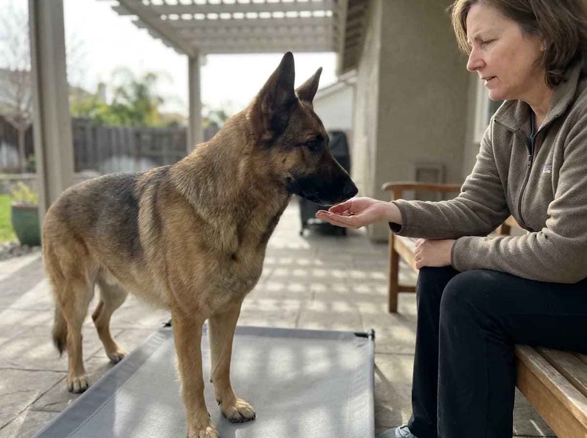 Caregiver rewarding a shepherd on a low platform