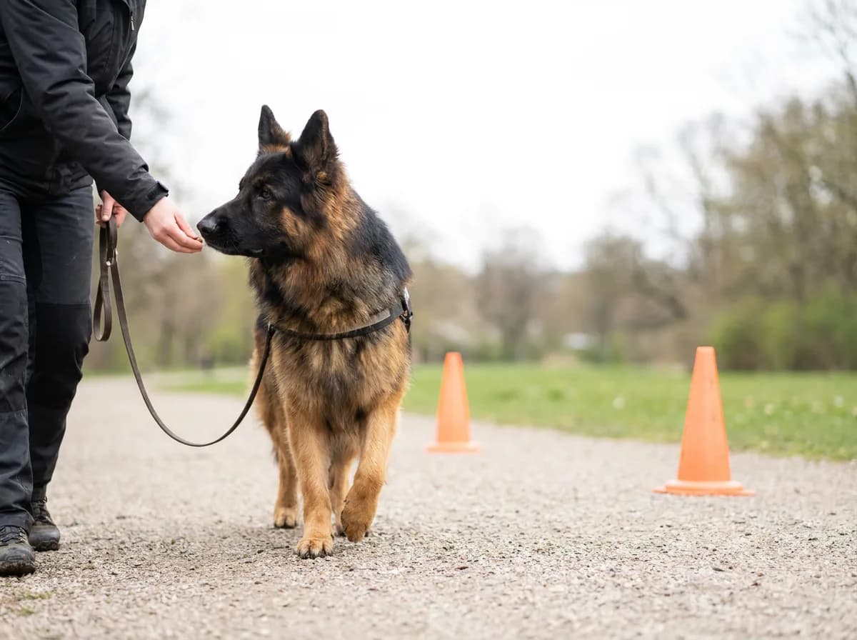 Handler offering a reward to a long-coated shepherd near training cones