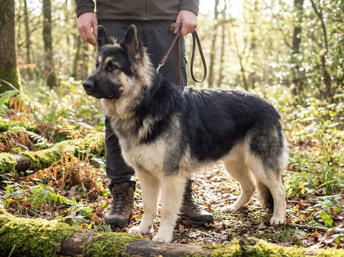 Large shepherd standing beside a handler on a woodland path
