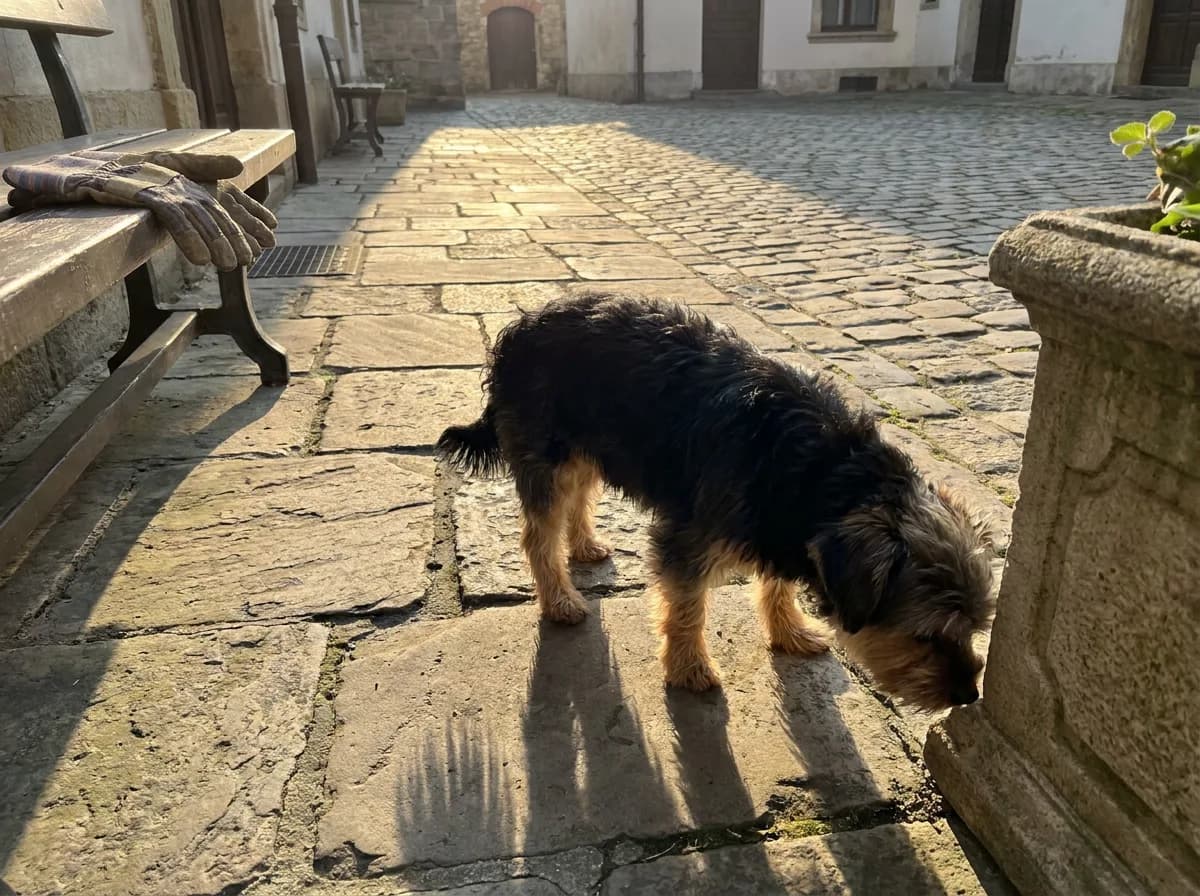 Black-and-tan Shorkie sniffing a sunlit enclosed courtyard
