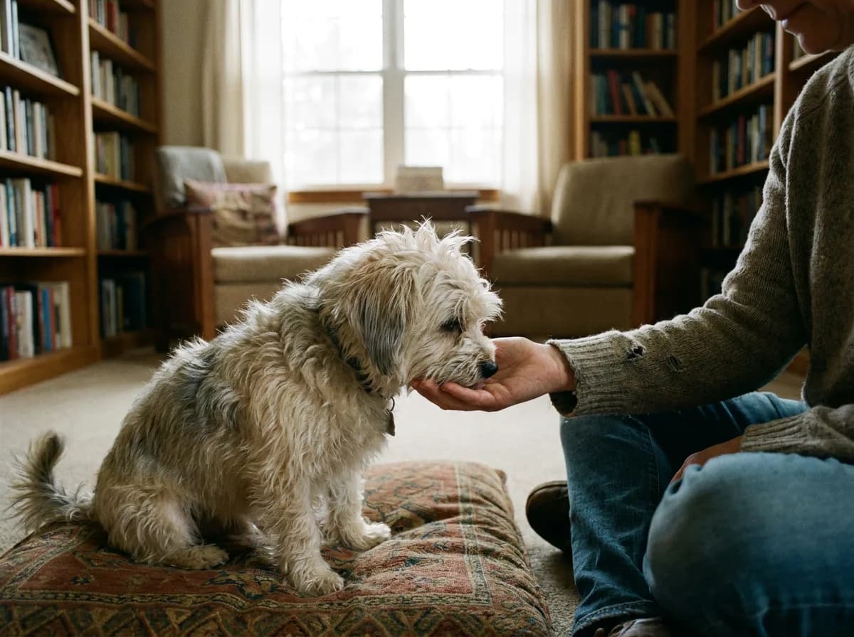 Cream-and-gray Shorkie approaching a seated person in a reading room