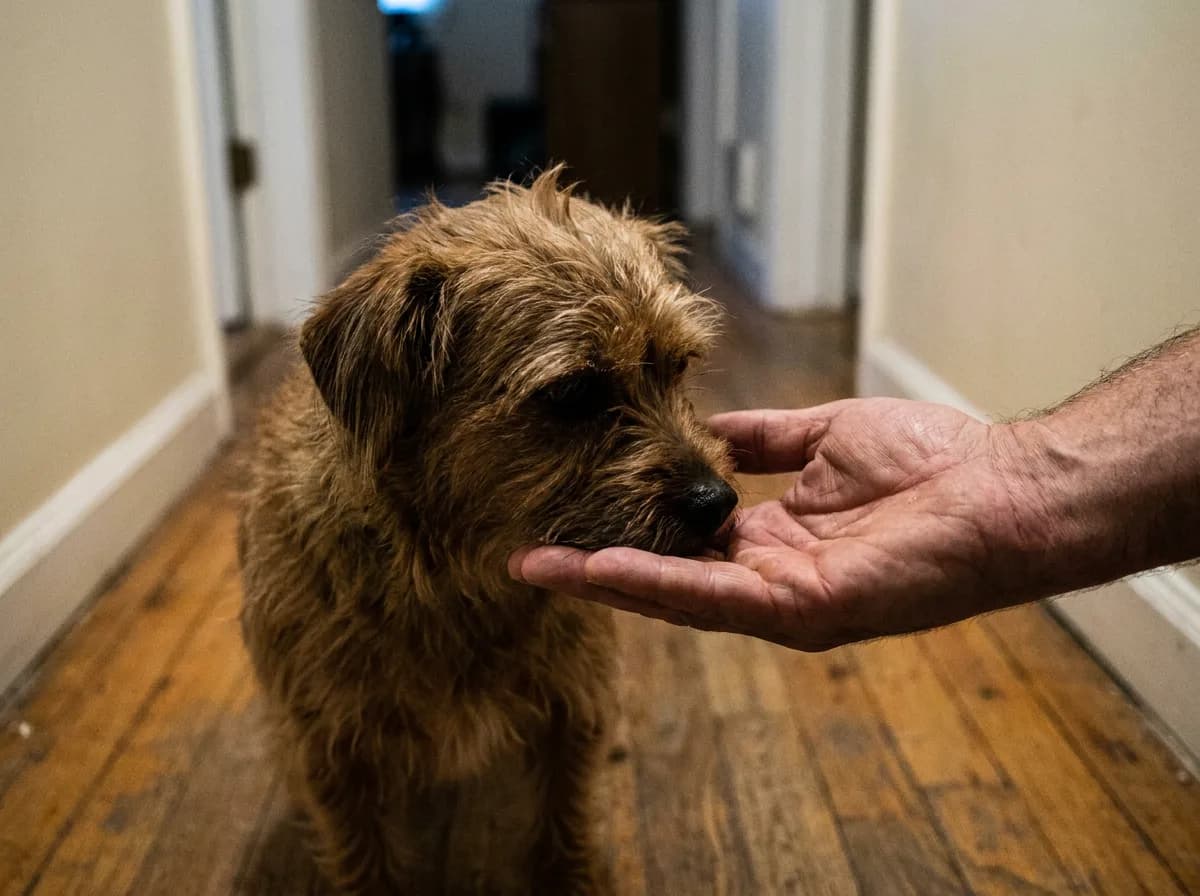 Brown Shorkie touching an open palm during calm handling