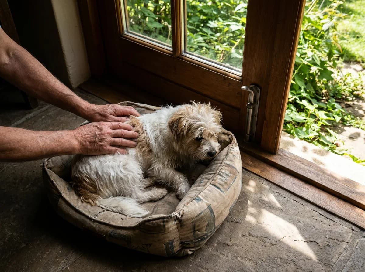 Shorkie resting in a bed while a person strokes its back