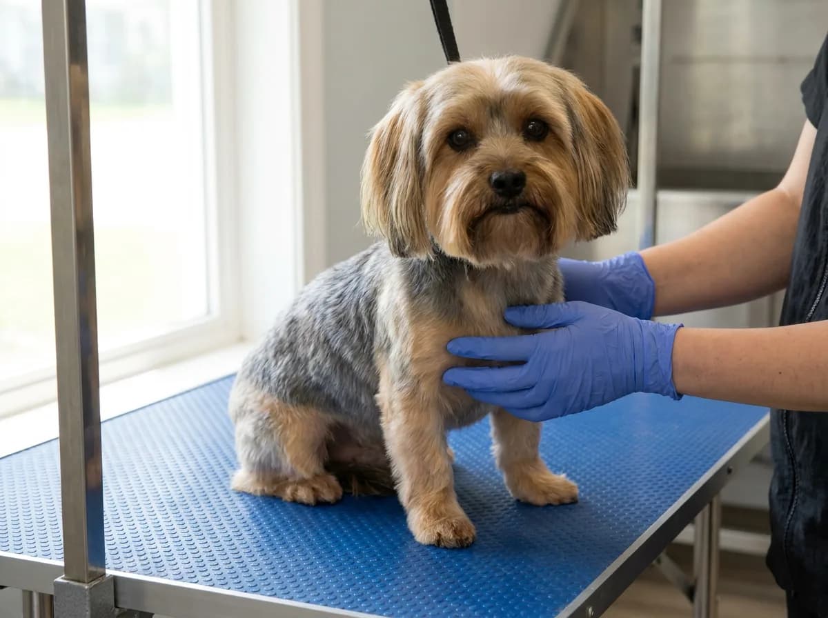 Shorkie with a tidy body trim on a grooming table