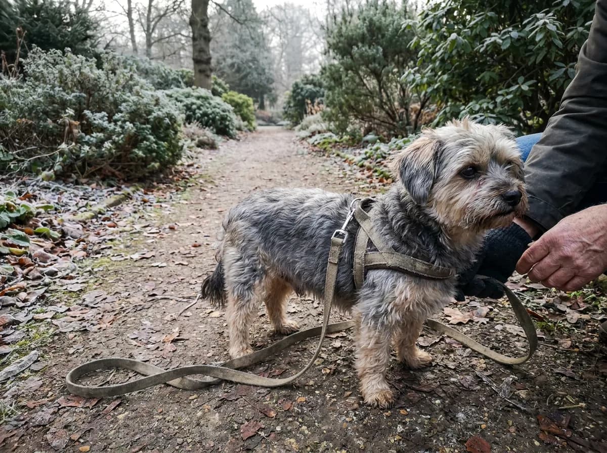 Older Shorkie wearing a harness on a quiet woodland path