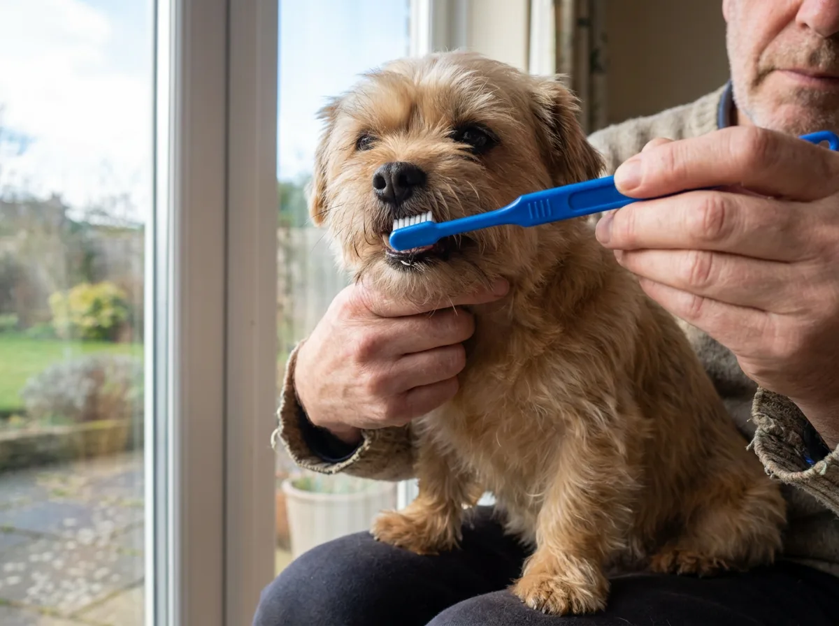 Person gently introducing a small dog toothbrush to a Shorkie