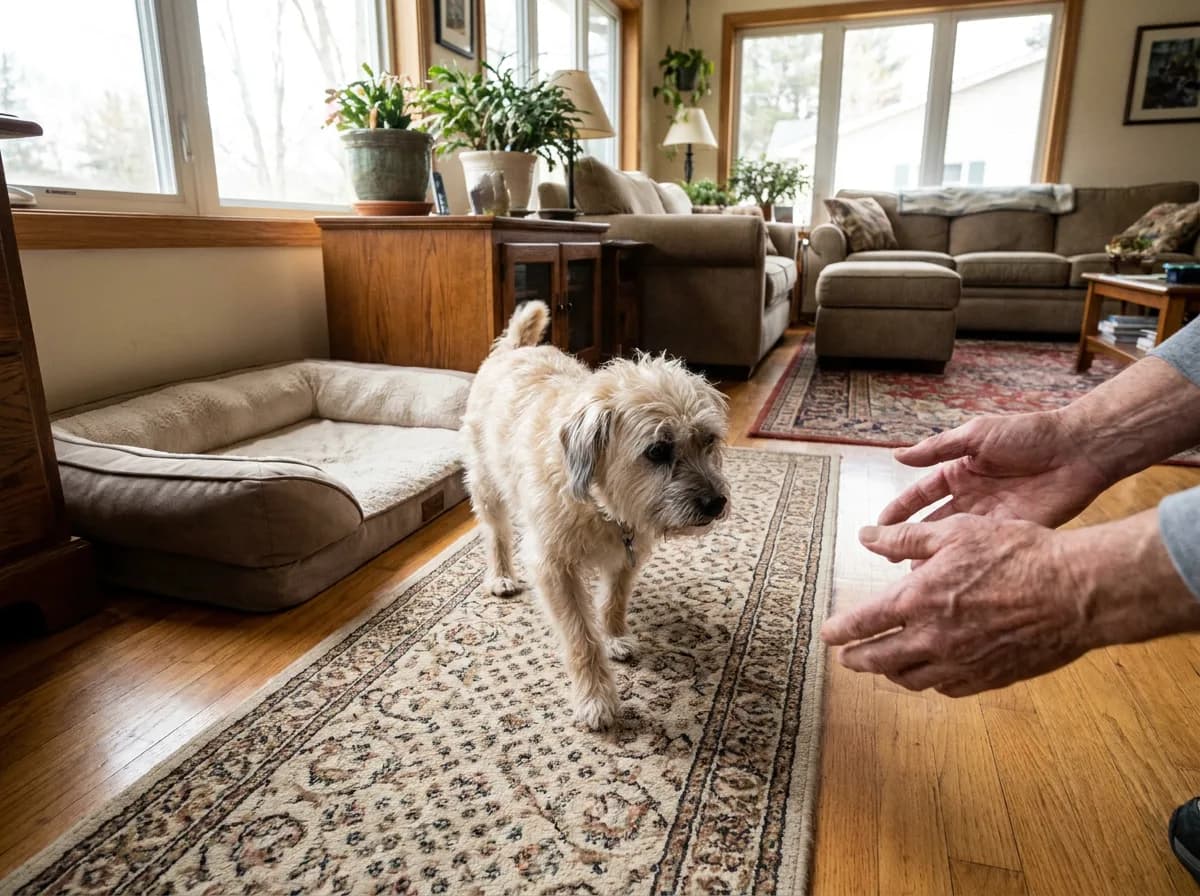 Cream Shorkie approaching a person across a nonslip rug