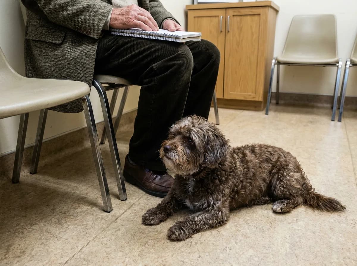 Shorkie resting beside a seated person with a notebook