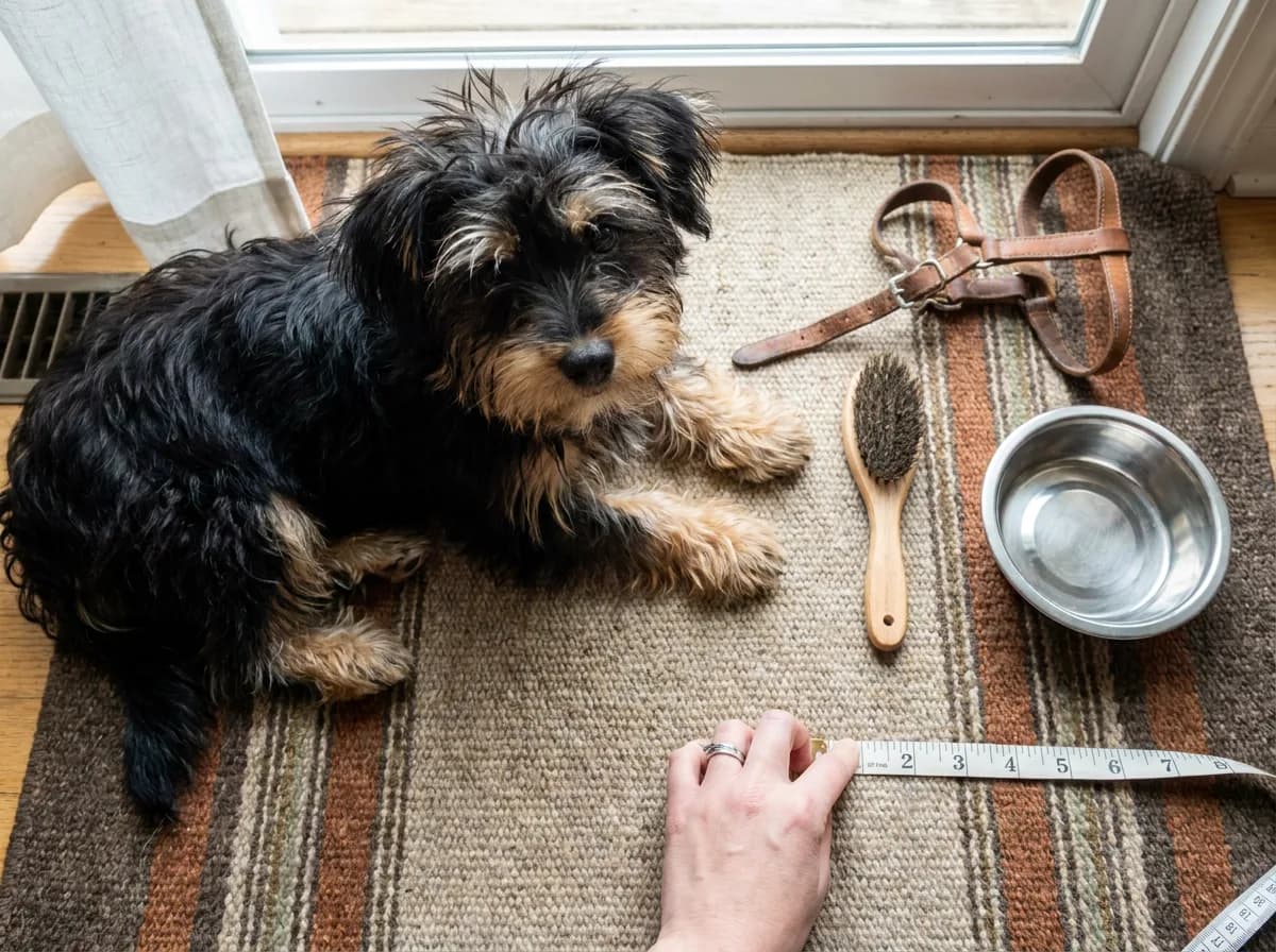 Shorkie beside a lead, brush, bowl, and measuring tape