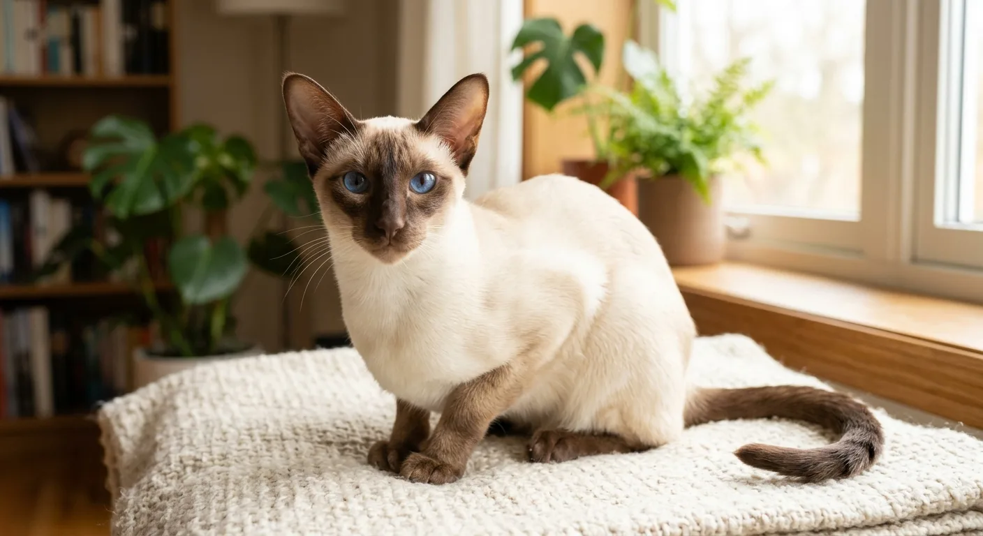 A chocolate point Siamese cat with an ivory body and warm milk-chocolate brown points on the ears, face, and legs, with blue eyes