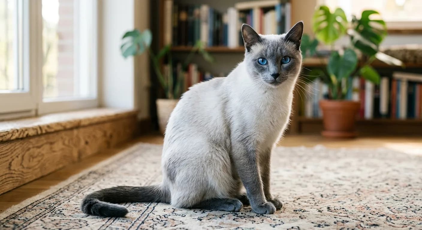 A blue point Siamese cat with a bluish-white body and slate-gray points on the ears, face, legs and tail, with bright blue eyes