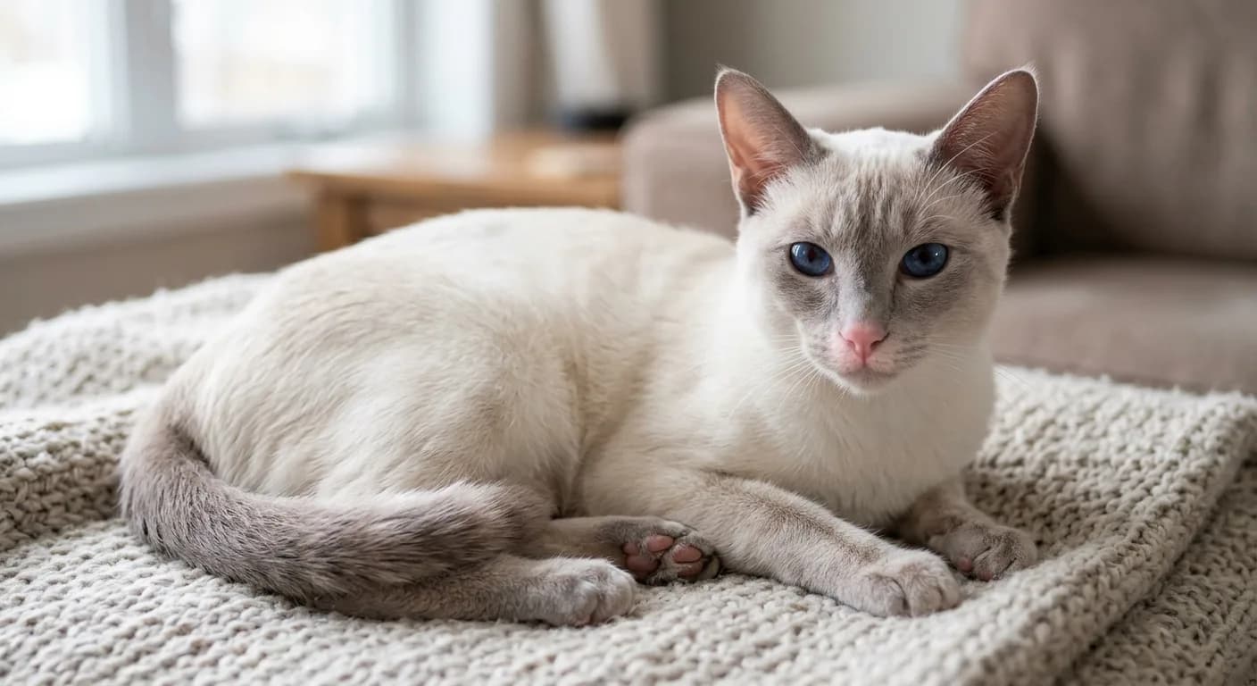 A lilac point Siamese cat with a pale magnolia body, frosty pinkish-gray points, a pink nose, and blue eyes