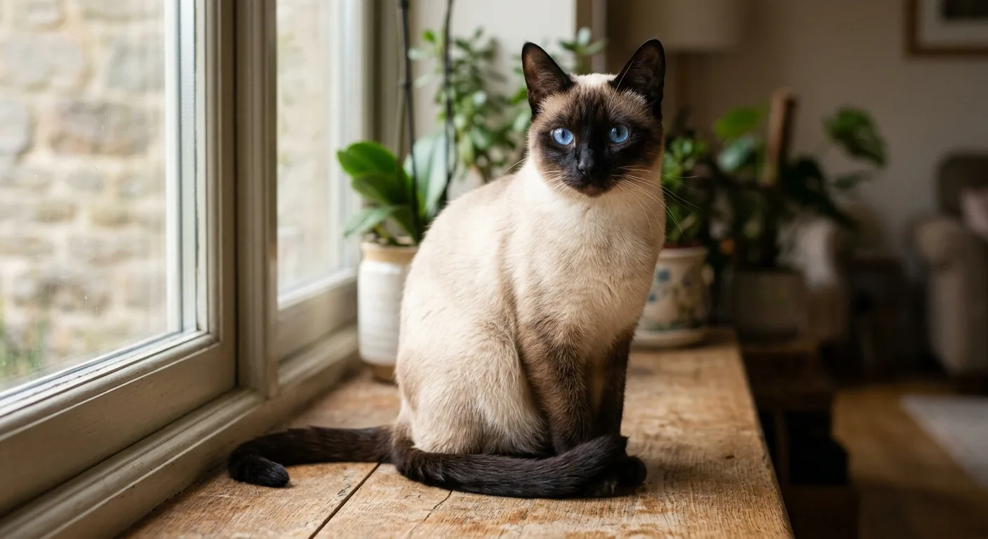 A seal point Siamese cat with a cream body and deep dark seal-brown points on the ears, face, legs and tail, with blue eyes