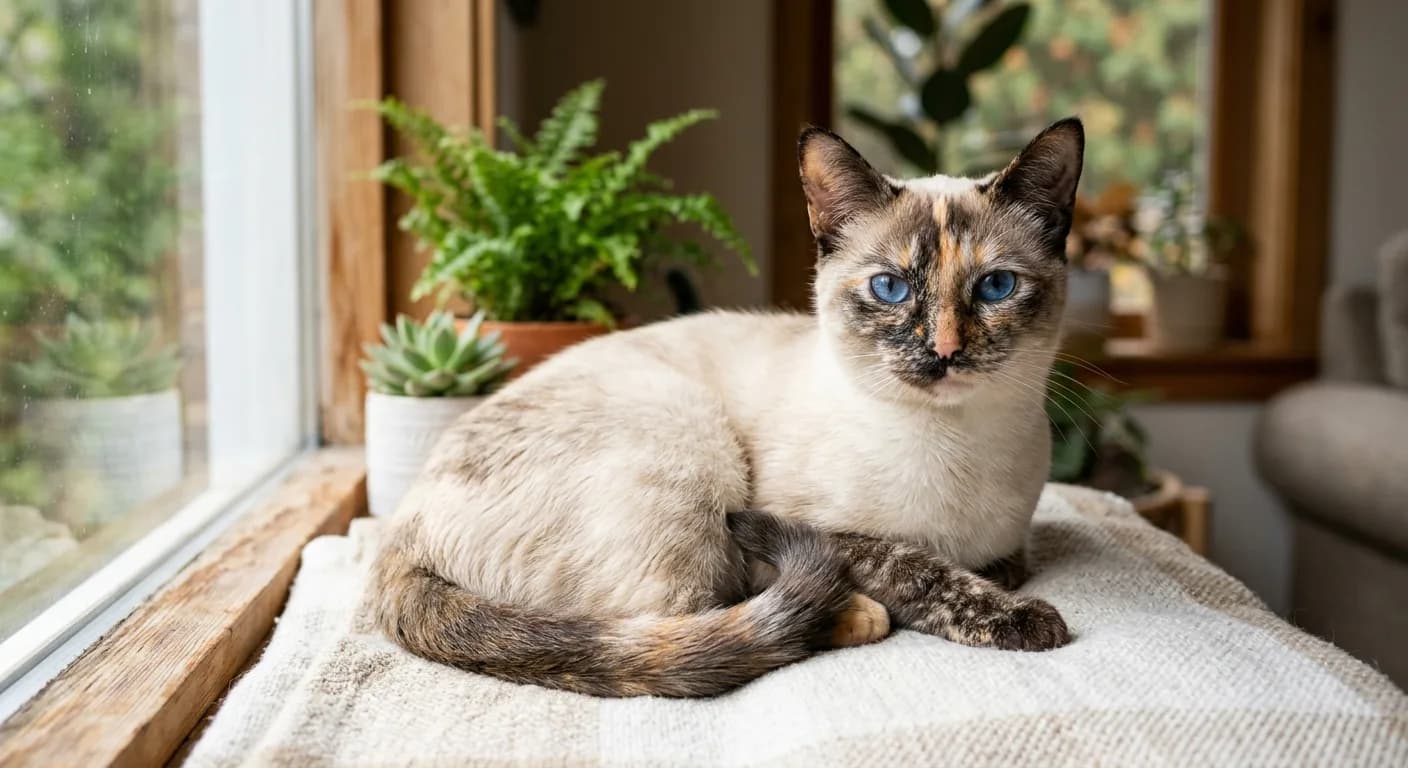 A tortie point Siamese cat with a pale body and points mottled with seal brown and red-orange patches, with blue eyes