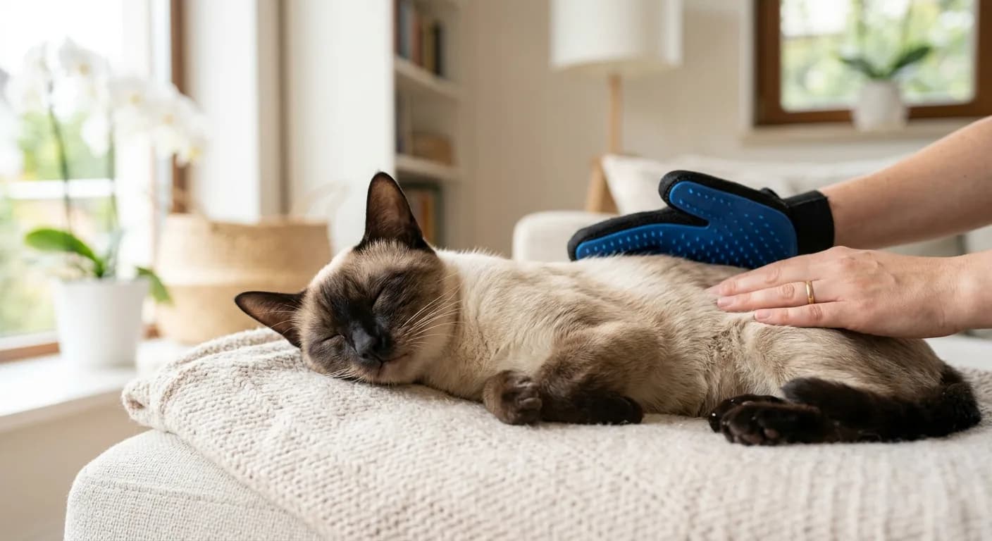 A short-coated seal point Siamese cat being gently brushed with a grooming glove, calm in a clean bright home