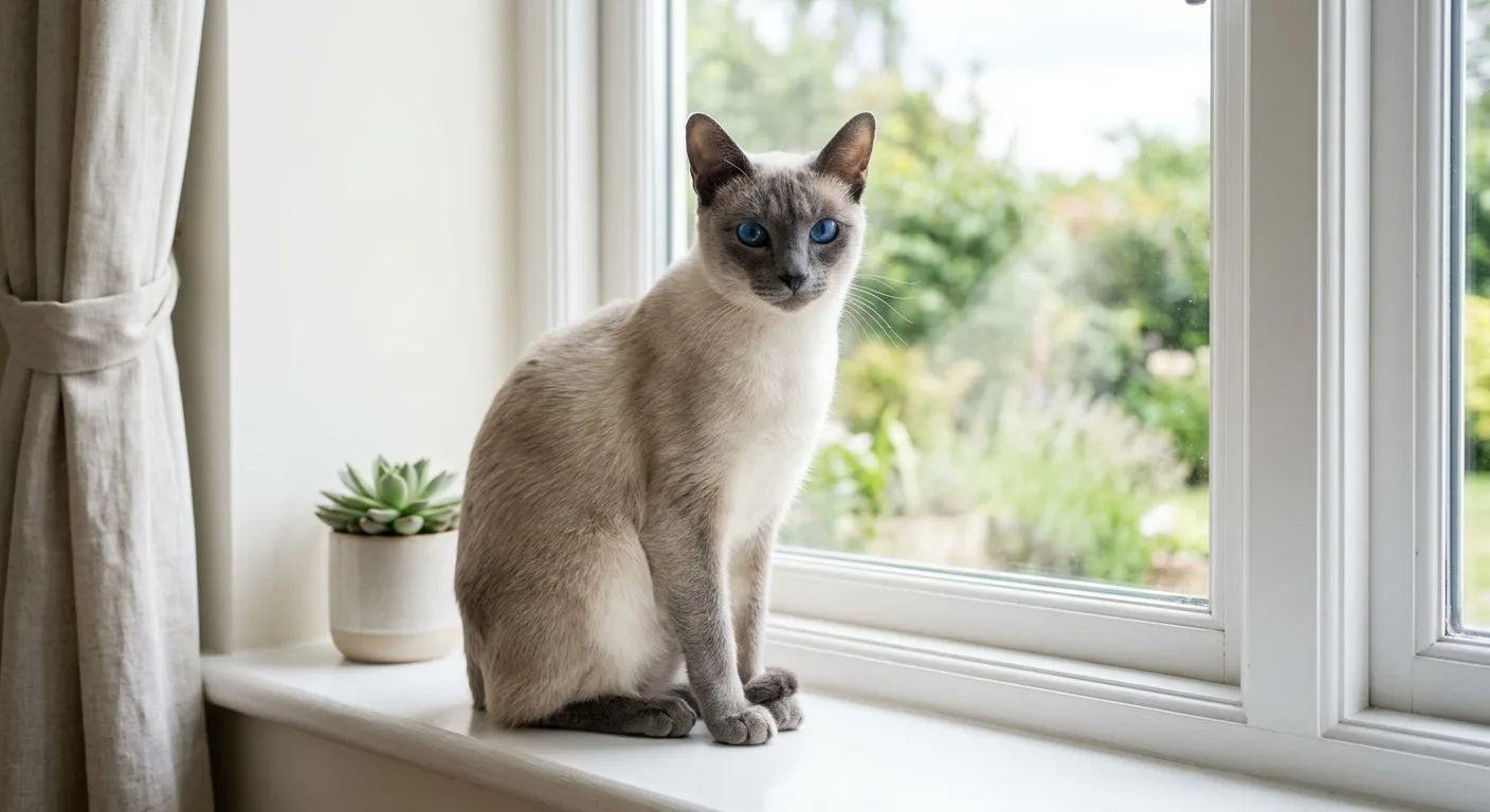 A sleek blue point Siamese cat with a short coat sitting on a windowsill in a clean bright minimalist home