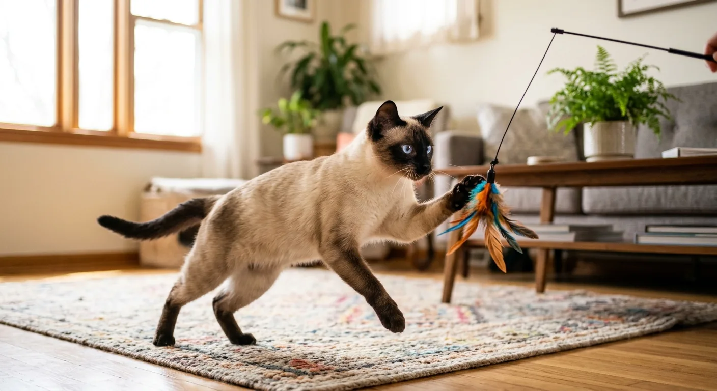 A seal point Siamese cat playing with a feather wand toy in a bright living room, alert with blue eyes