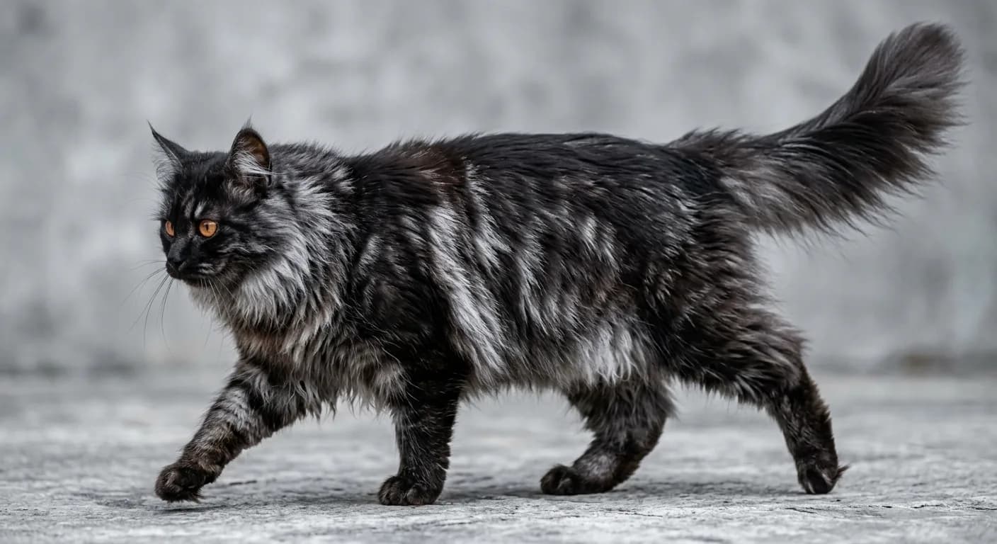 A semi-longhaired black smoke Siberian cat mid-stride showing silvery-white roots flashing through dense black guard hairs, full ruff and plumed tail, rounded face with copper eyes, on a soft grey background