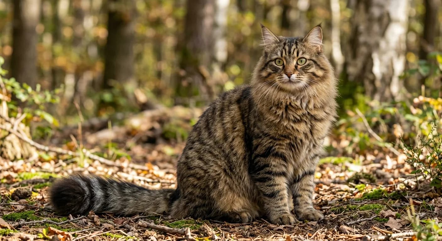A robust semi-longhaired brown (black) mackerel tabby Siberian cat sitting upright outdoors, warm brown and gold ground with dark stripes, bold M marking on the forehead, lynx-tipped ears, large round green eyes, bushy ringed tail