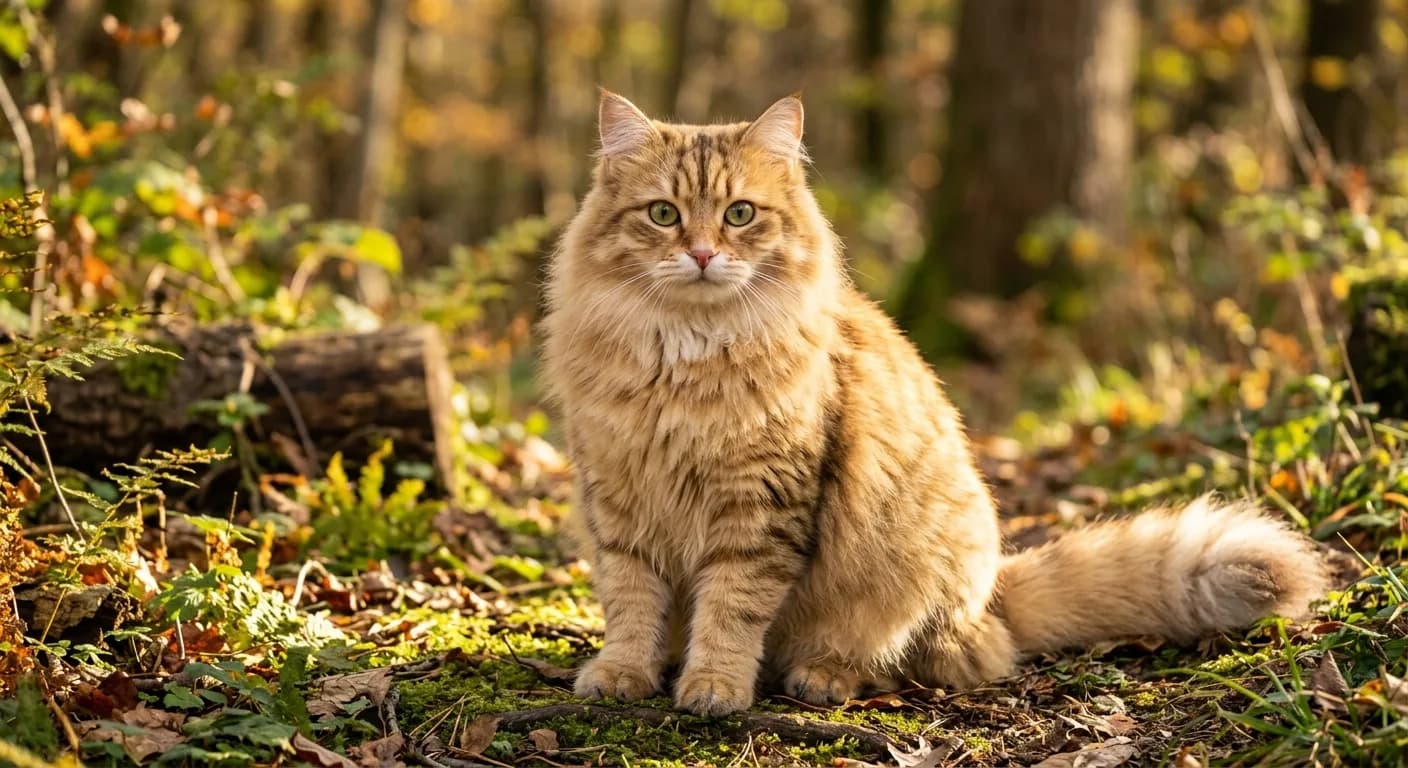A semi-longhaired golden tabby Siberian cat in warm light, glowing honey-gold coat with soft darker tabby markings and a pink nose, dense ruff and plumed tail, rounded face with green eyes, tufted paws
