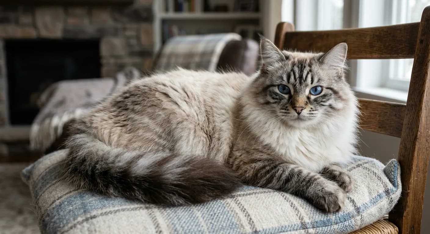 A semi-longhaired seal lynx point Neva Masquerade Siberian cat resting on a cushion, pale cream body with tabby-striped dark points on the ears, mask, and legs, lynx-tipped ears, and large round vivid blue eyes, plumed tail