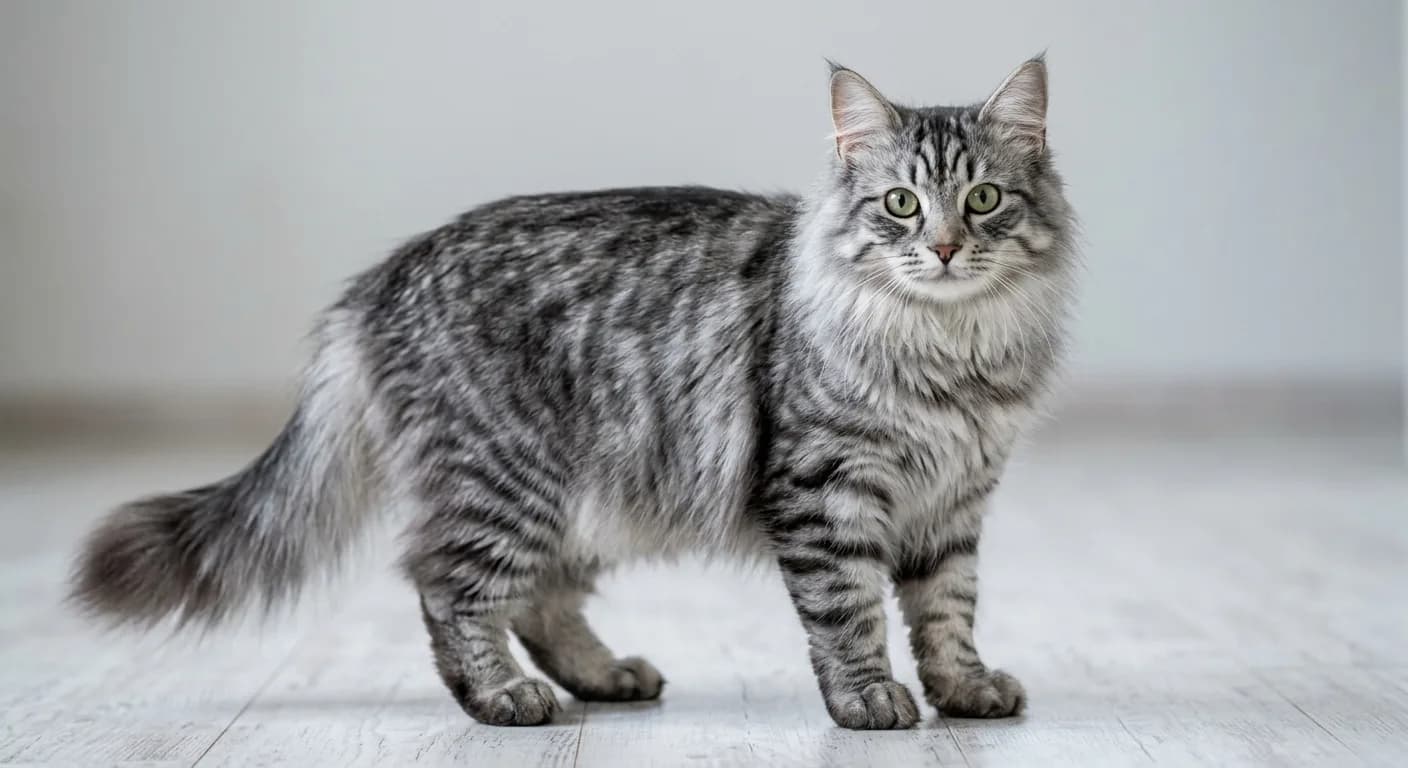 A striking semi-longhaired silver tabby Siberian cat standing on a pale background, icy white ground with crisp black tabby stripes and an M on the forehead, full silvery ruff, lynx-tipped ears, large round green eyes, bushy tail