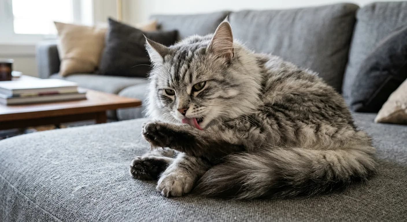 A fluffy silver tabby Siberian cat with a dense triple coat and lynx-tipped ears grooming itself with its tongue on a neutral grey couch, illustrating how saliva spreads the Fel d 1 allergen onto the fur