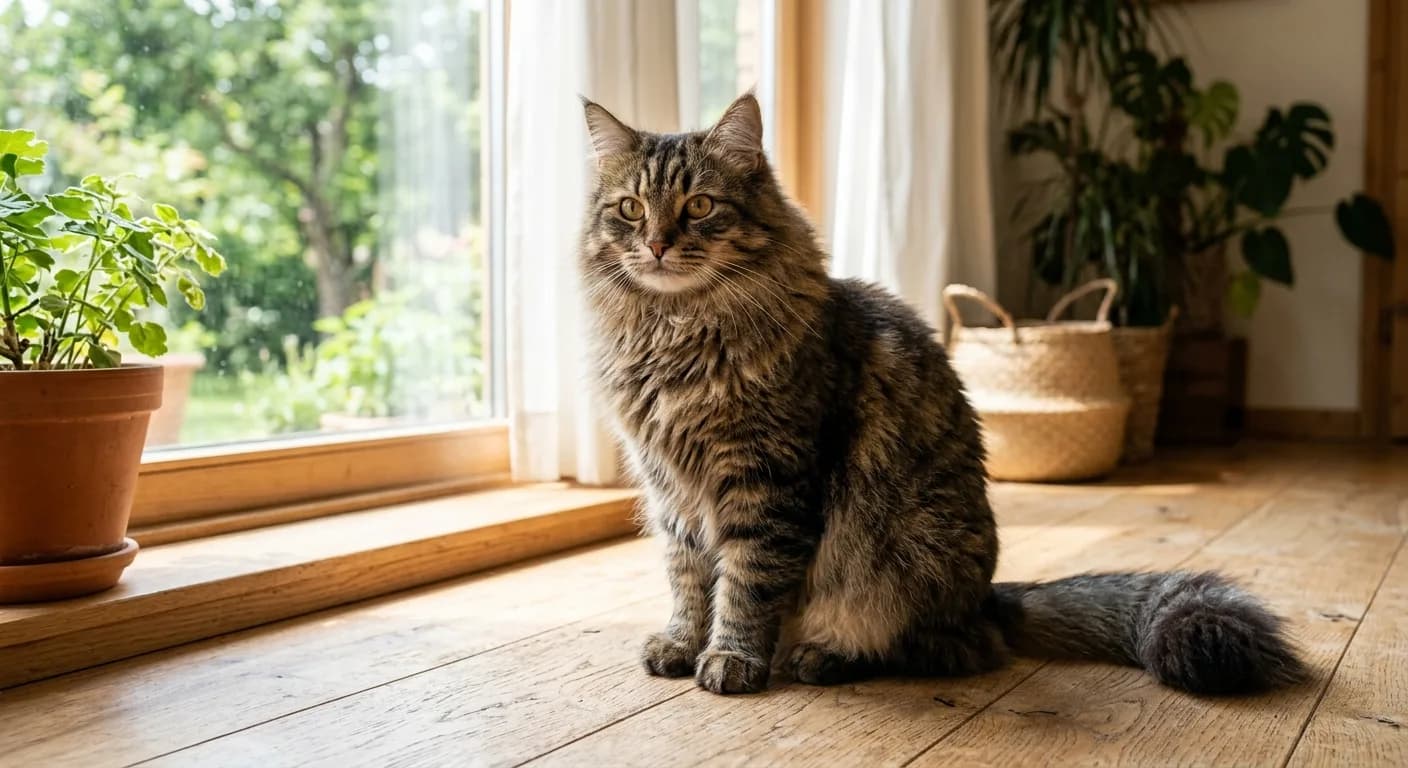 A large powerful brown tabby Siberian cat with a dense triple coat, full neck ruff, shaggy britches, bushy plumed tail, tufted paws, a sweet rounded modified-wedge face, lynx-tipped ears, and large round gold eyes, sitting calmly on a light wood floor by a sunny window