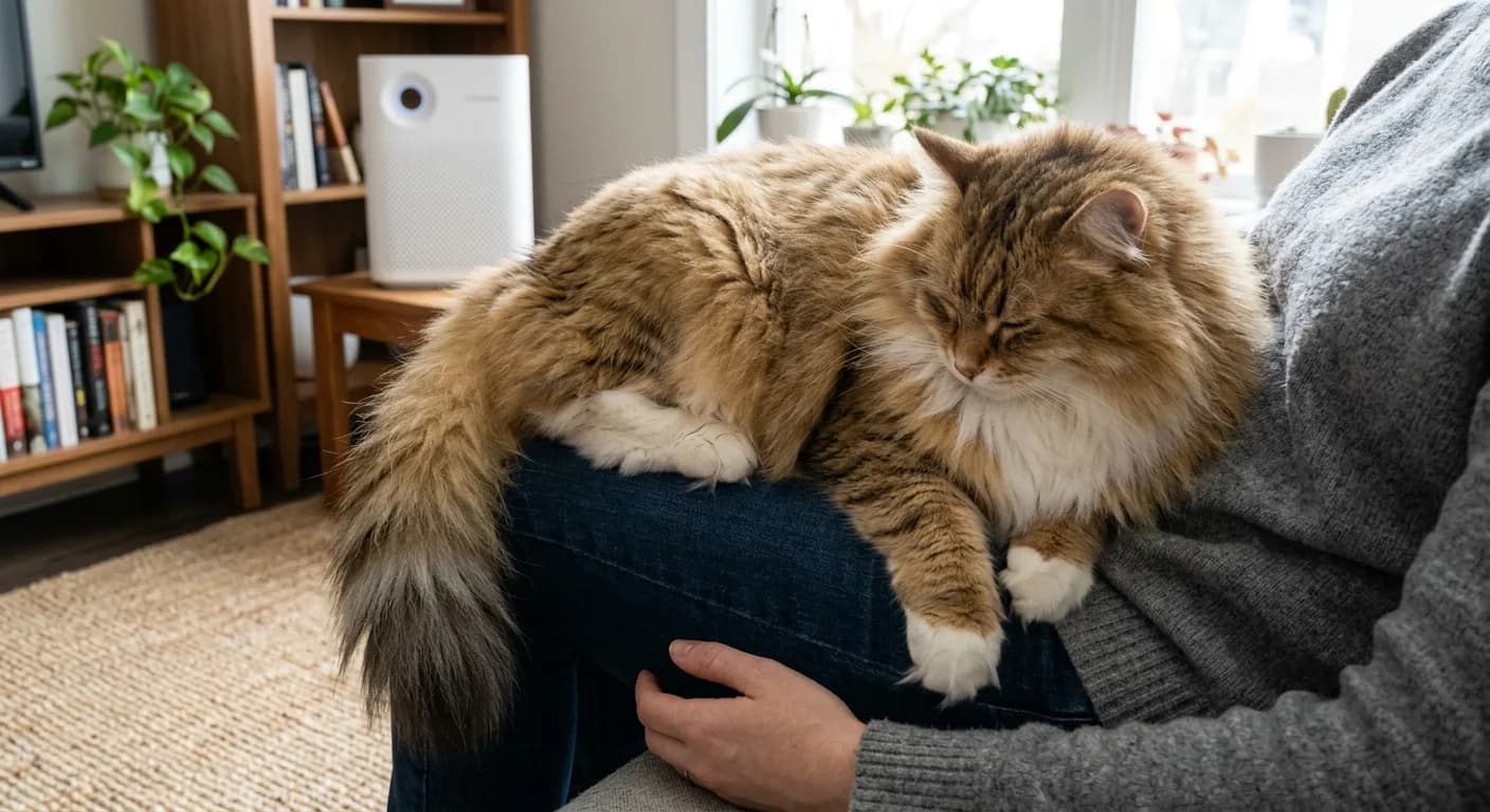 A robust golden-and-white Siberian cat with a plush ruff and bushy tail relaxing on a person's lap in a tidy living room with a visible HEPA air purifier nearby, conveying comfortable cohabitation for an allergy sufferer