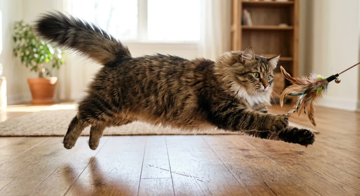 A robust brown tabby Siberian cat mid-leap chasing a feather wand toy across a wood floor, dense coat and plumed tail flying, tufted paws extended, large round eyes locked on the toy, bright airy room