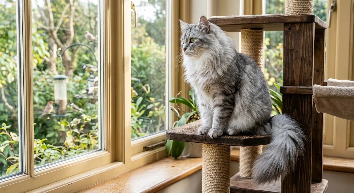 A silver-and-white Siberian cat perched alertly on a tall wooden cat tree by a sunny window, full ruff and lynx-tipped ears, plumed tail draped over the edge, large near-round green eyes watching birds outside
