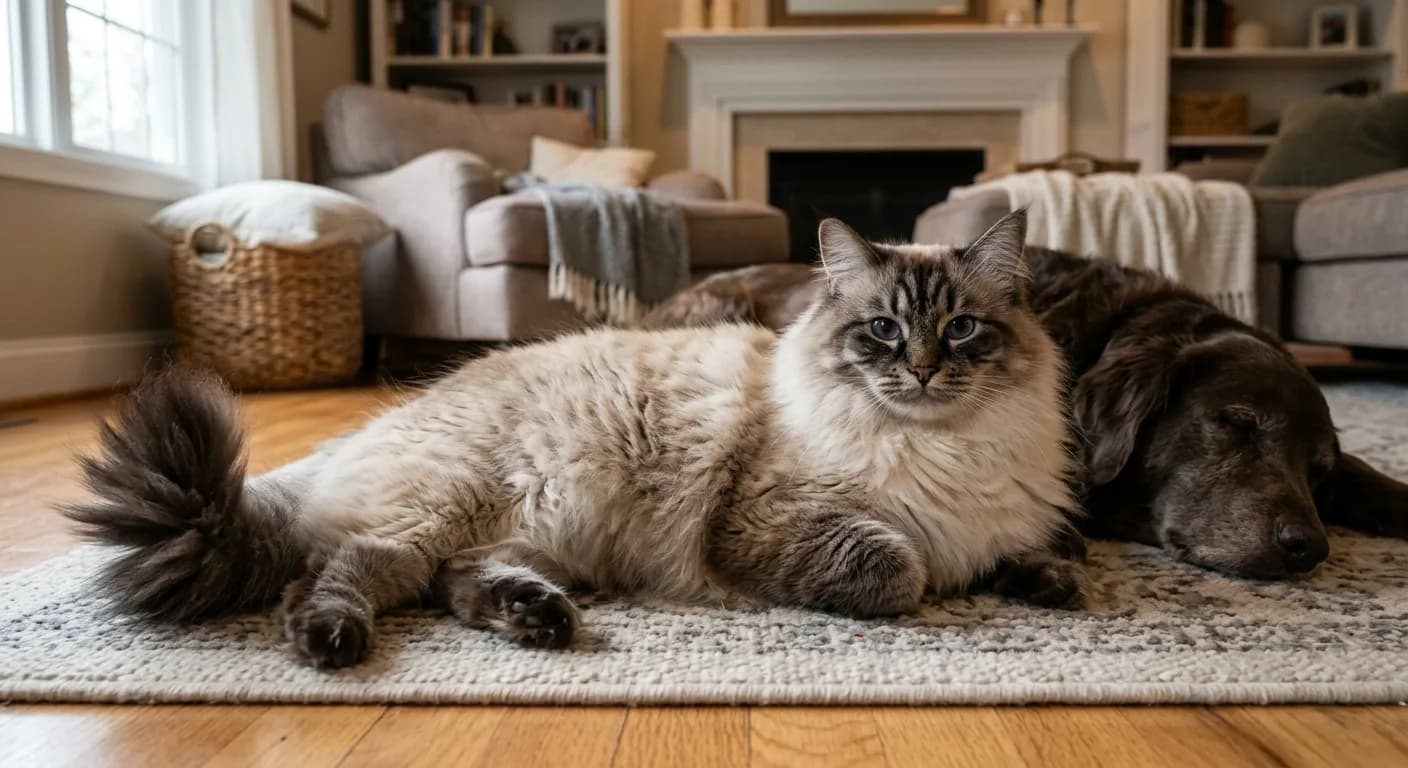 A gentle colorpoint Neva Masquerade Siberian cat with cream body, dark seal points, lynx-tipped ears, and large near-round blue eyes lounging calmly beside a relaxed dog on a rug, plumed tail and full ruff visible, cozy family room