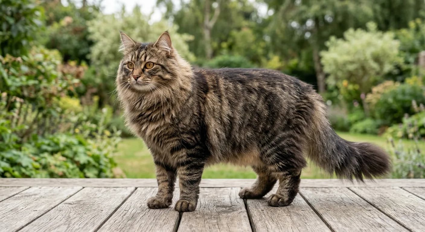 A robust brown classic-tabby Siberian cat standing on a wooden deck in soft daylight, showing its full neck ruff, shaggy britches, bushy plumed tail, tufted paws, and large round amber eyes, with a powerful Maine-Coon-like build but a rounder face