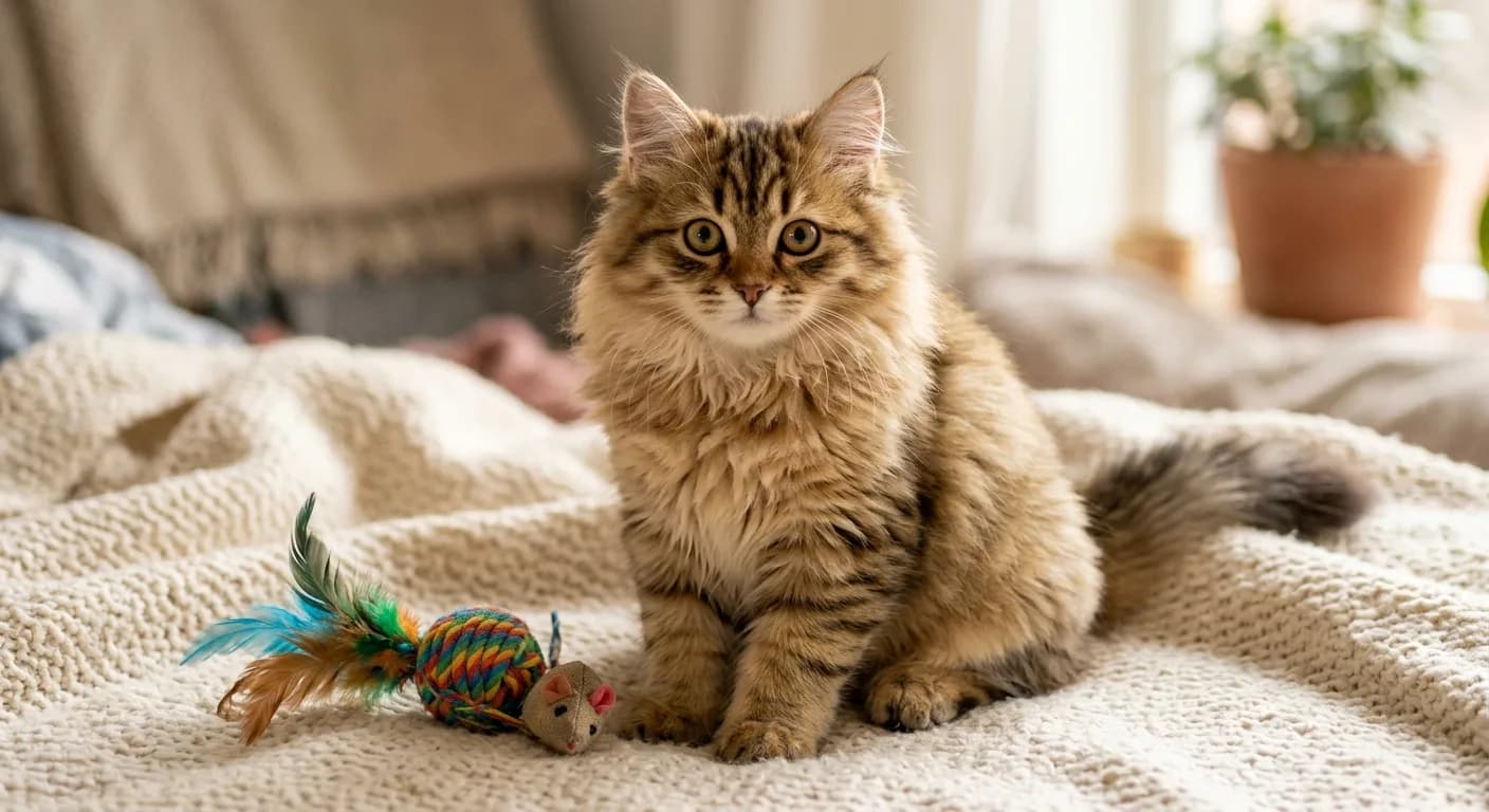 A fluffy golden semi-longhaired Siberian kitten with a developing triple coat, tufted paws, lynx-tipped ears, a rounded wedge face, and large round gold eyes, sitting on a soft cream blanket beside a cat toy