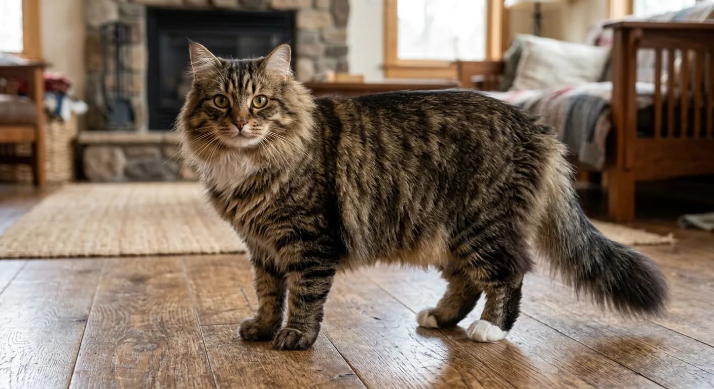 A large powerful brown tabby Siberian cat with a dense triple coat, full neck ruff, shaggy britches, and a bushy plumed tail standing on a wooden floor showing its robust barrel-chested frame, sweet rounded face and gold eyes