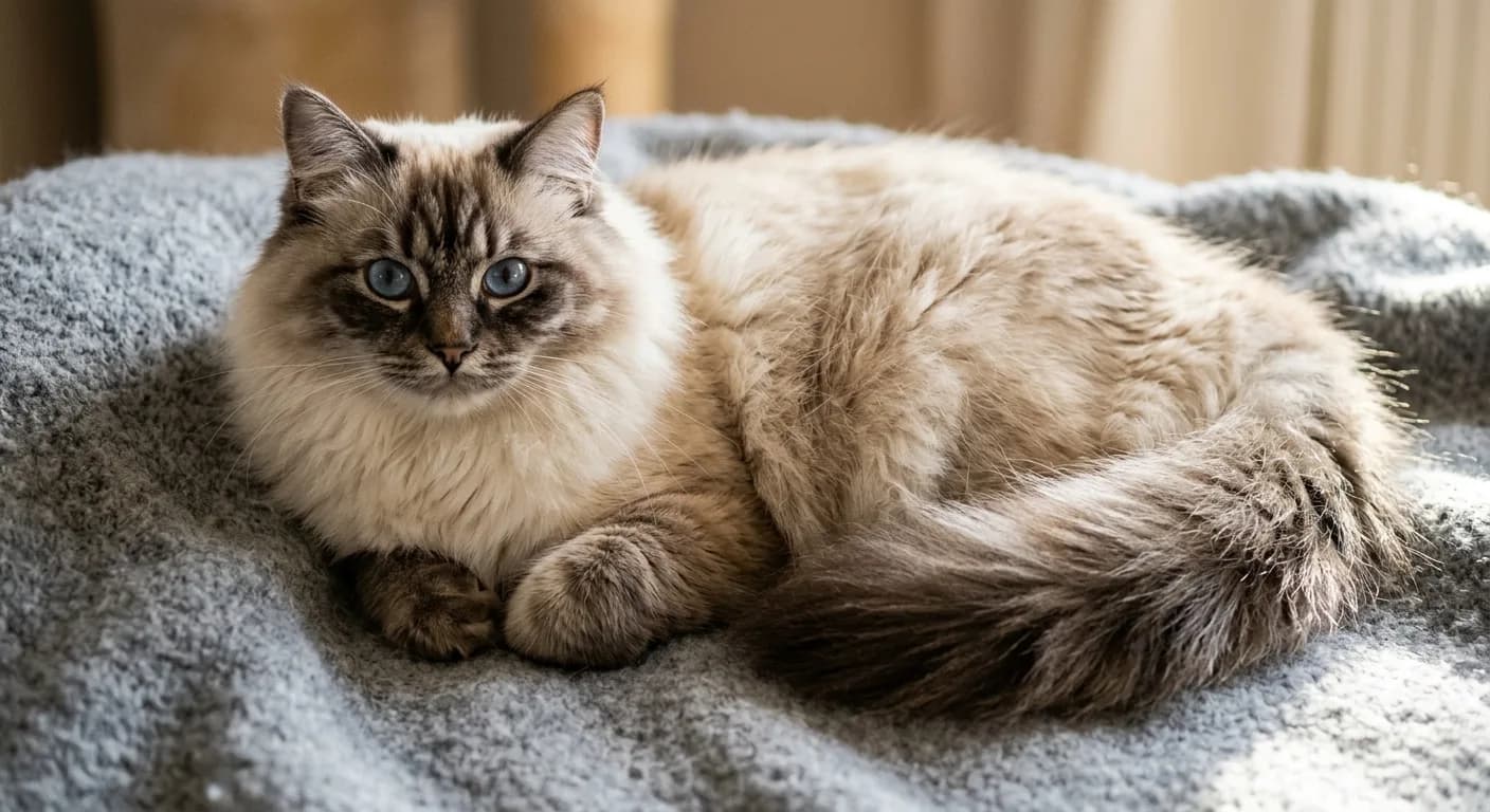 A blue-eyed colorpoint Siberian (Neva Masquerade) with a pale cream body, dark seal points on the ears, mask, legs, and bushy plumed tail, dense semi-long triple coat and tufted paws, lounging on a soft grey blanket in warm light