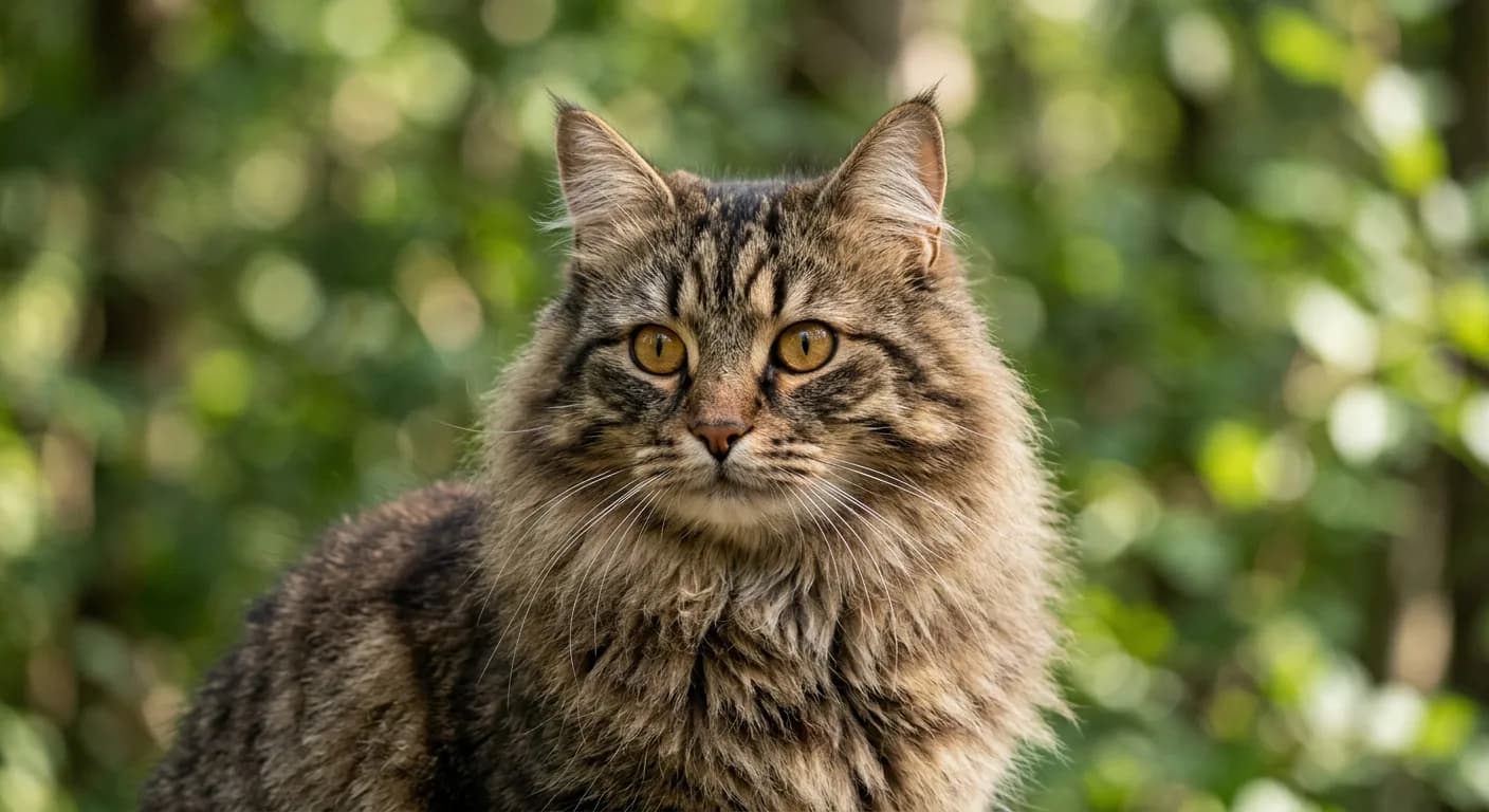 A close head-and-shoulders portrait of a Siberian cat showing the sweet rounded modified-wedge face, medium slightly tilted lynx-tipped ears, full cheek ruff, and large near-round amber eyes against a soft green background, emphasizing the rounded curves that distinguish it from a square-faced Maine Coon