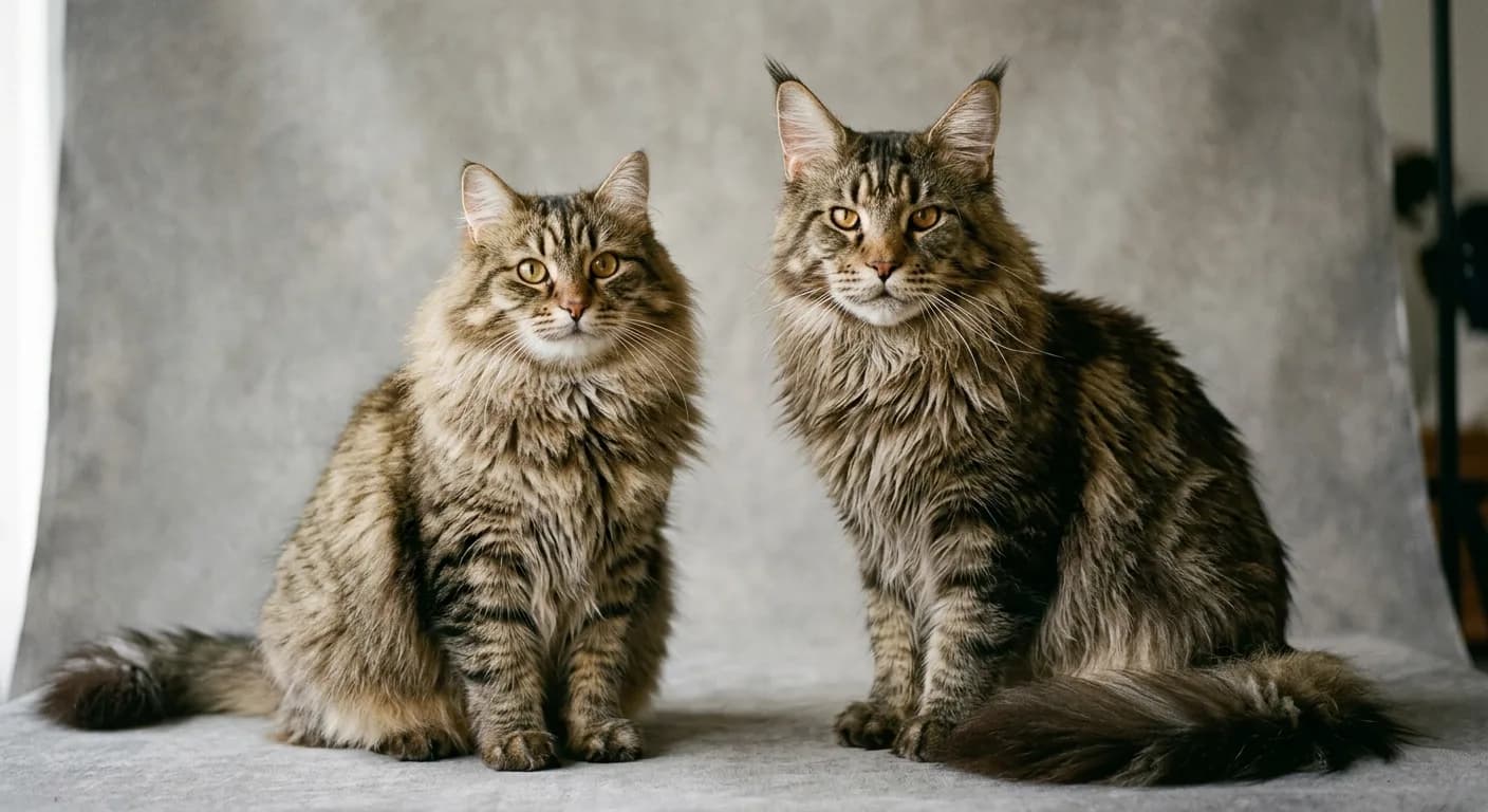 A large semi-longhaired Siberian cat with a dense triple coat, full neck ruff, bushy plumed tail, tufted paws, a sweet rounded modified-wedge face, lynx-tipped ears, and large near-round gold eyes, sitting beside a slightly larger square-faced Maine Coon for size and face-shape comparison on a neutral studio background