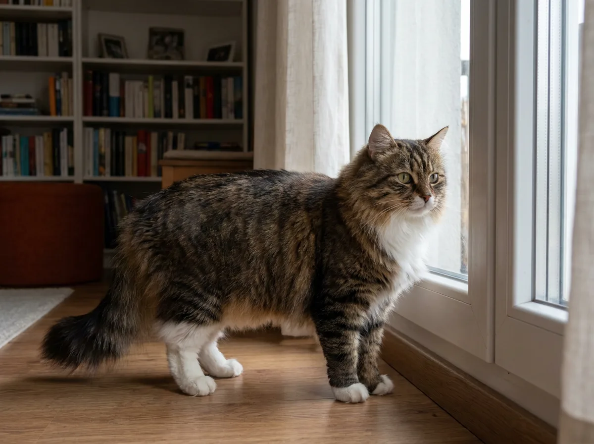 Brown tabby and white Siberian cat standing beside a closed window.