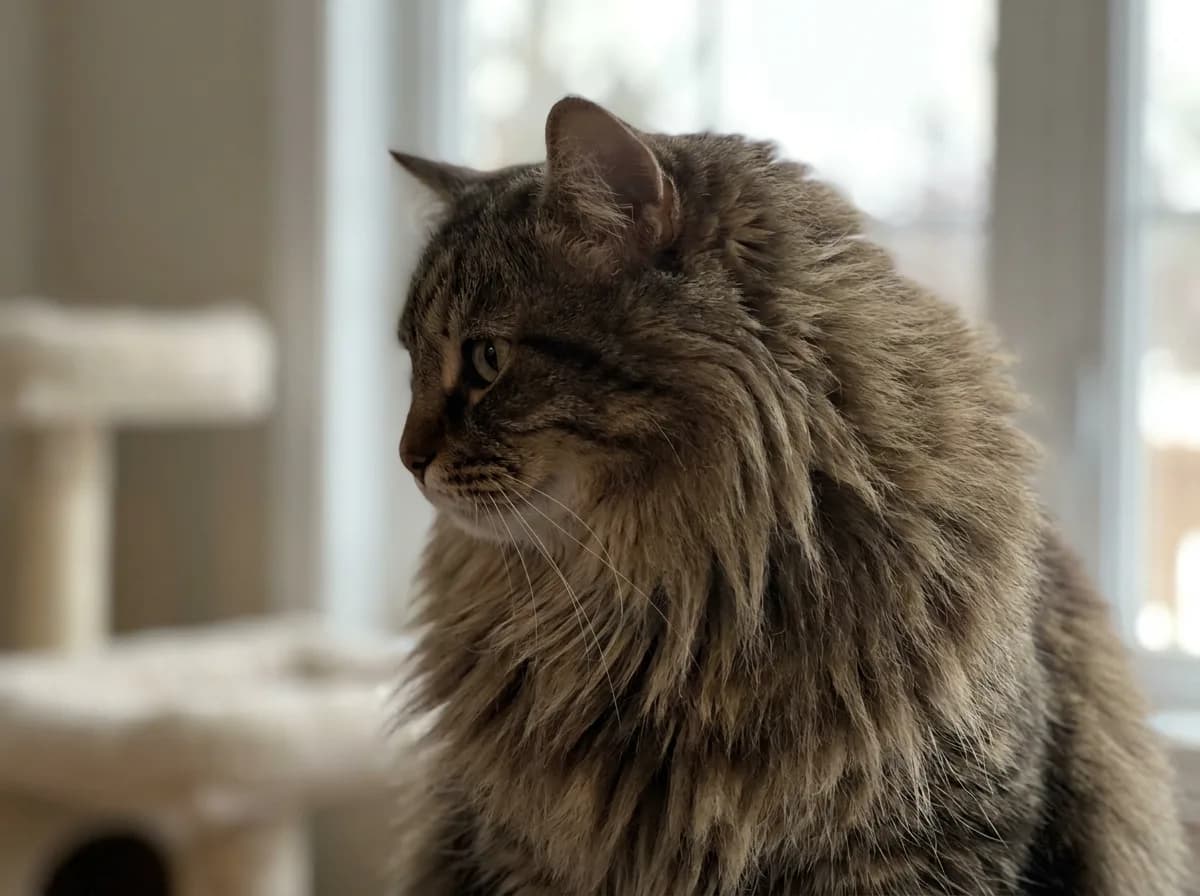 Close view of a Siberian cat’s dense neck ruff and long outer coat.