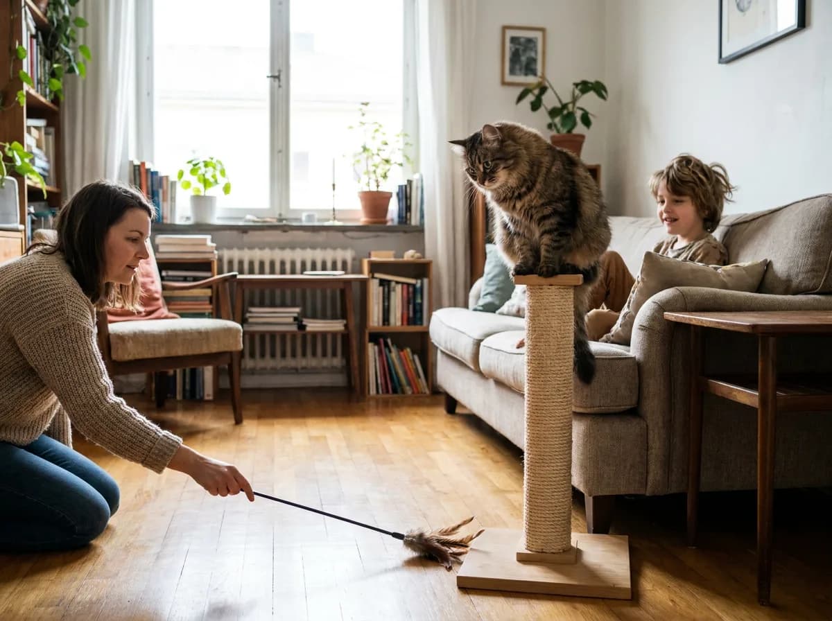 Siberian cat watching a wand toy from a scratching perch near a family.