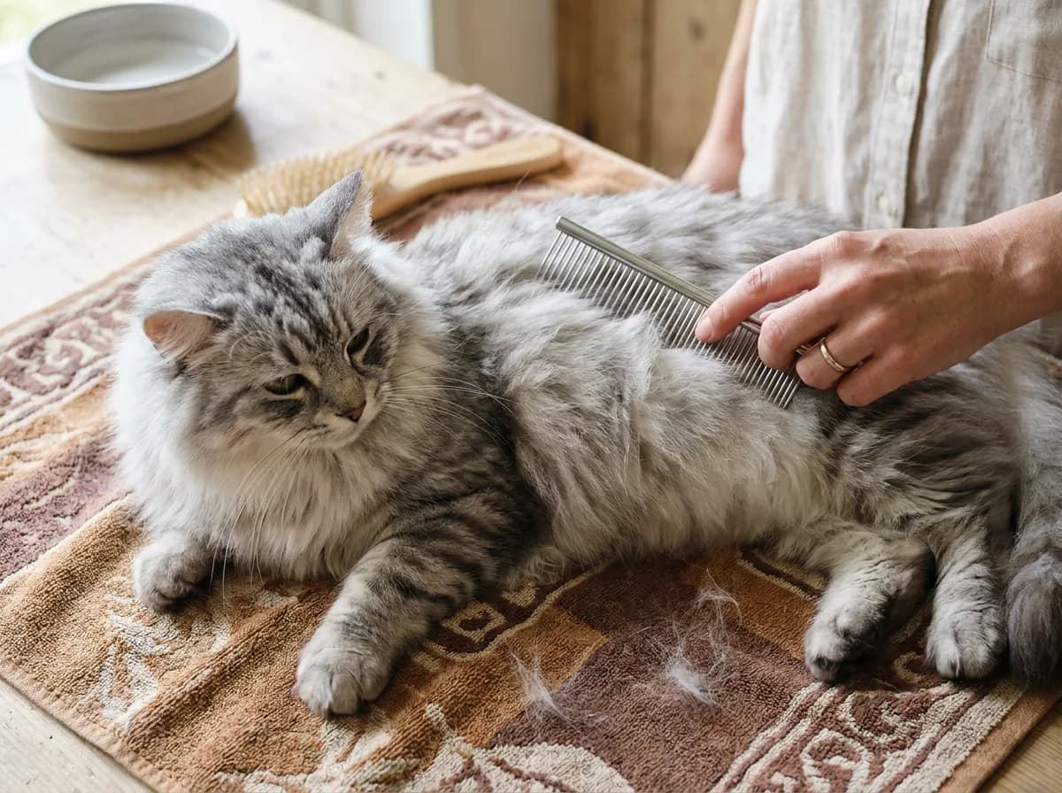 Silver tabby Siberian cat resting on a towel while a person combs its coat.