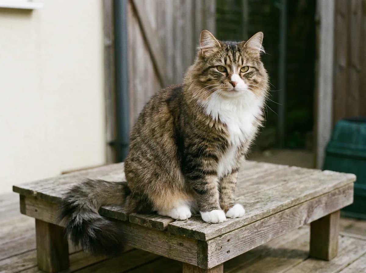 Brown tabby and white Siberian cat with a dense ruff and furry paws sitting on a wooden platform.