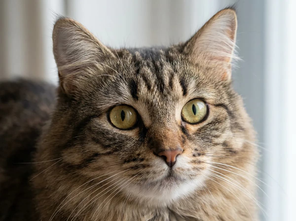 Close view of a brown tabby Siberian cat’s rounded golden-green eyes.