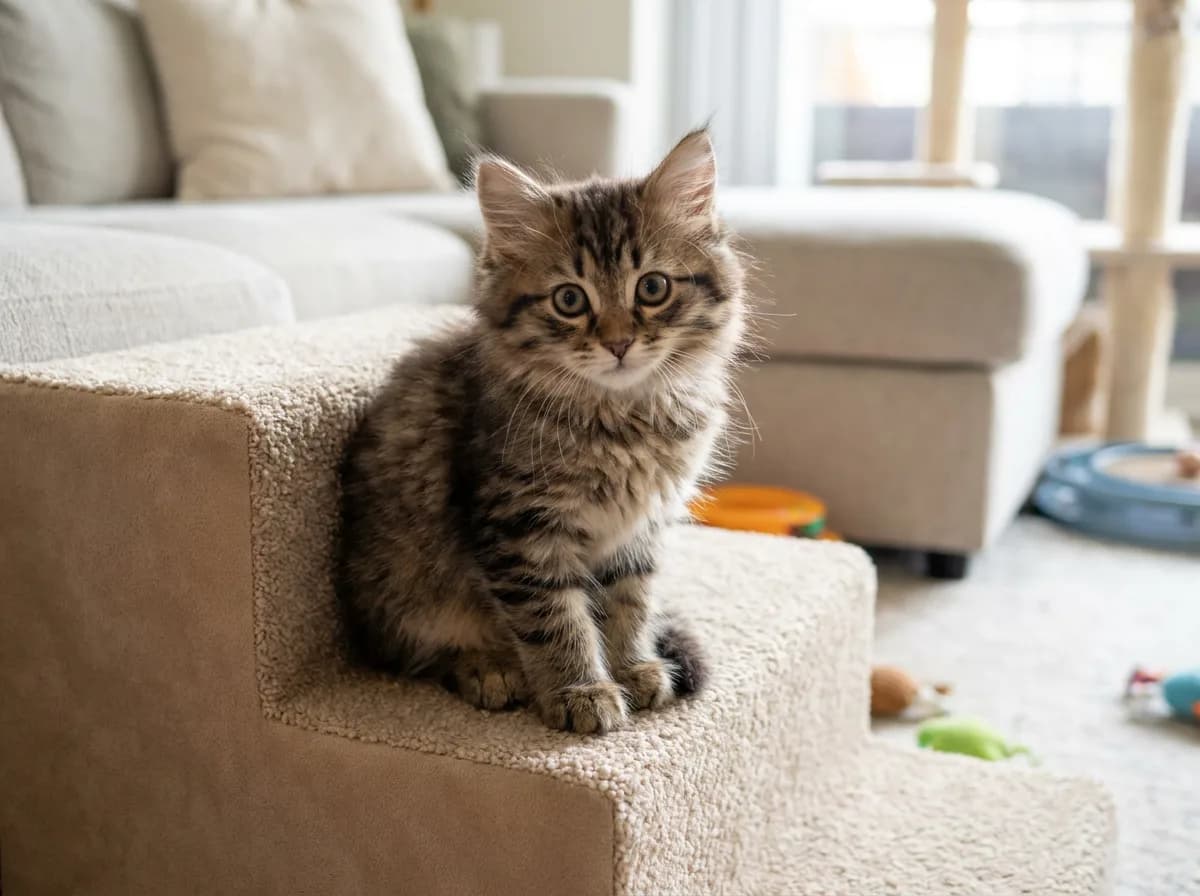 Young brown tabby kitten sitting on a low carpeted step.