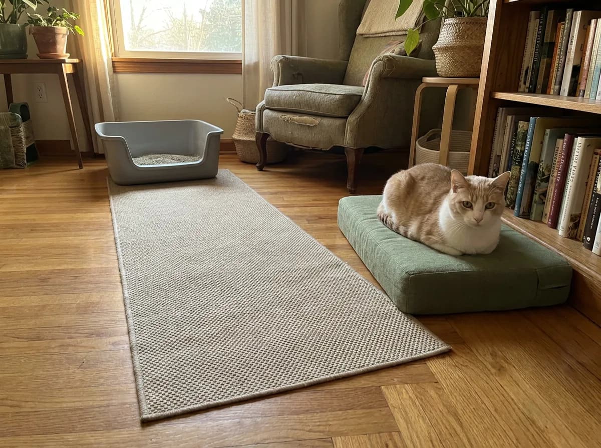 Cat resting on a low bed beside a level nonslip route to a litter tray with a low entry.