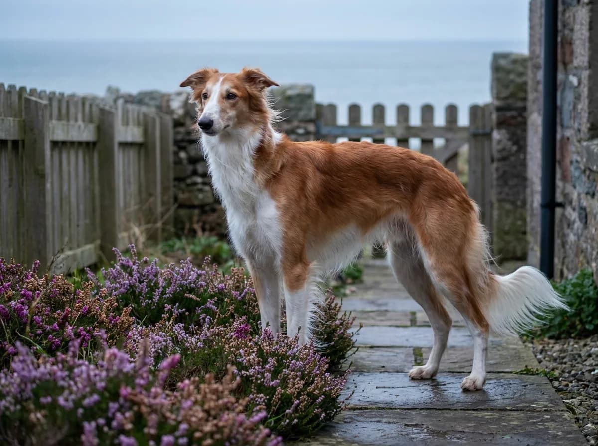 Red-and-white Silken Windhound standing on a stone path in a coastal garden